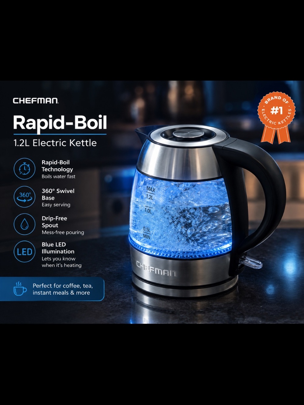 Chefman Rapid-Boil 1.2L Electric Kettle - Stainless Steel, Black Accents